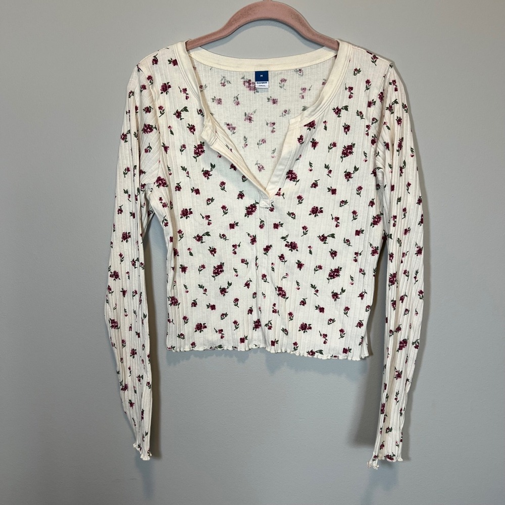 Old Navy Women's M Ditsy Floral Ribbed Henley Top Long Sleeve Lettuce Edge Cream